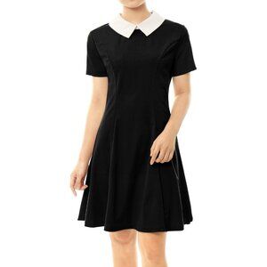 Women's Black Cute Peter Pan Collar Fit and Flare Short Skater Casual Dress